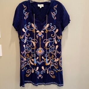 Anthropologie Skies Are Blue Embroidered Lined Short Sleeve Dress Navy Size M